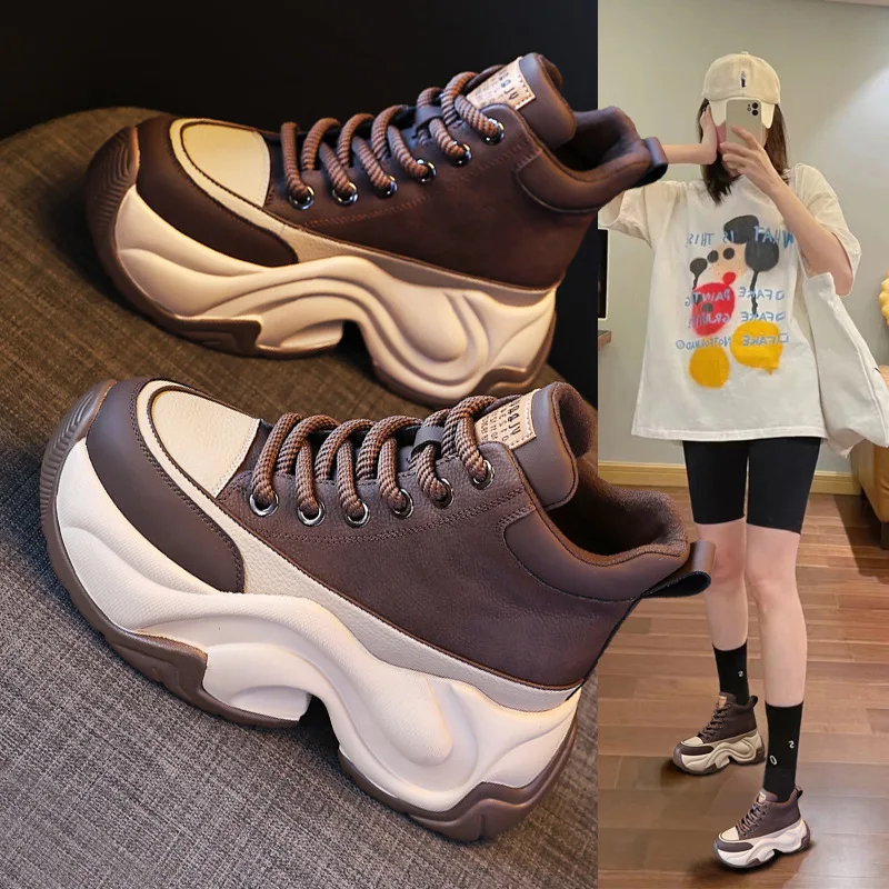 Thick Sole High Top Shoes for Women 2023 Autumn and Winter Plush New Style Slim and High Rise Colored Casual Shoes