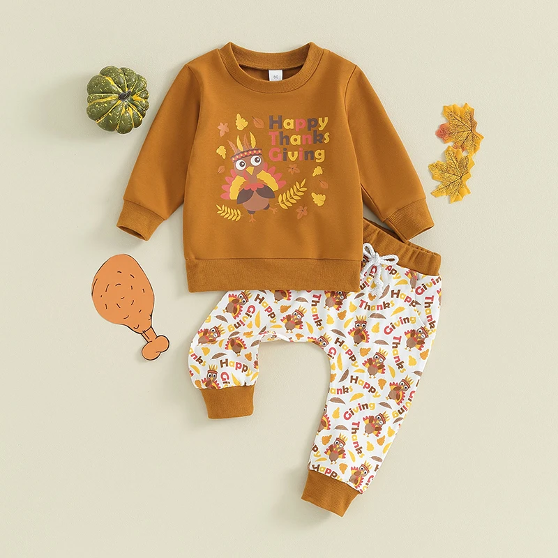 

Newborn Baby Boy Thanksgiving Outfit Pumpkin Pie Gobble Letter Sweatshirt Active Joggers Pants Fall Winter Clothes