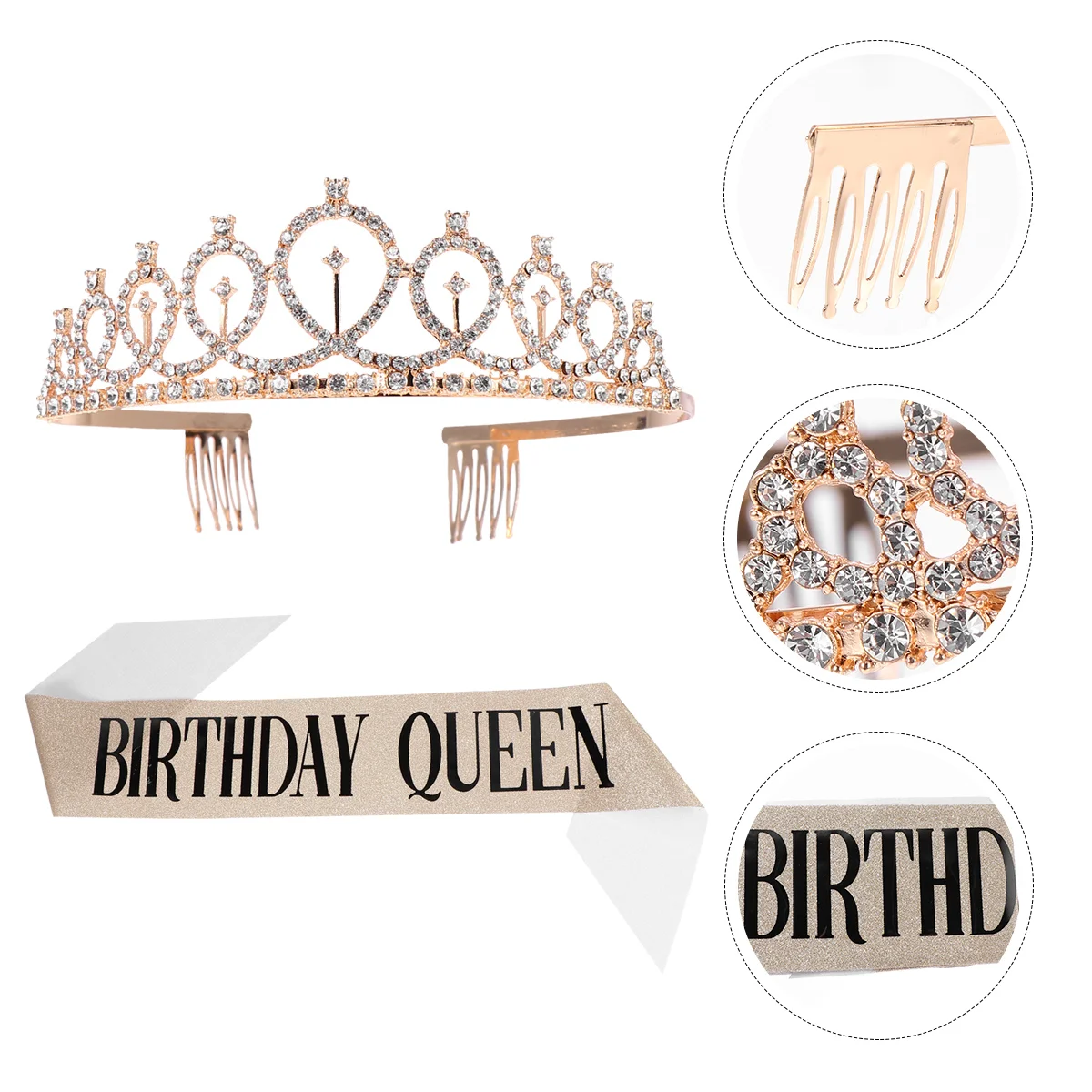 2pcs Birthday and Sash Rhinestone Tiara Glitter Satin Sash Birthday Photo Prop Birthday Party Supplies