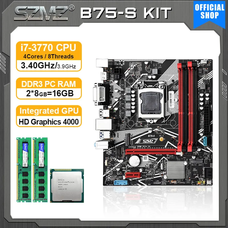 SZMZ B75 Gaming PC Motherboard Lga 1155 Set of i7 3770 CPU 16GB DDR3 RAM Placa Mae Base 1155