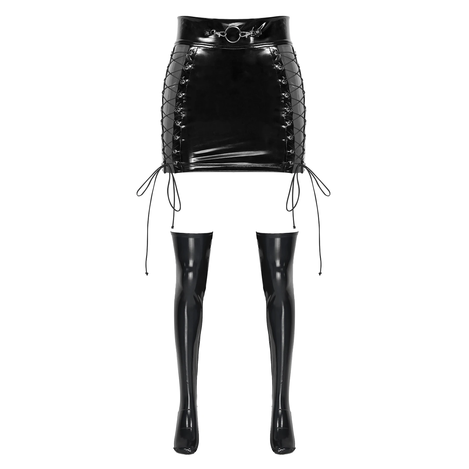 thumbnail image 1 of Disfraz de club para mujer, de charol, aspecto mojado, cintura alta, seis clips, liguero con 1 par de medias altas hasta el muslo con pie, 1 of 5