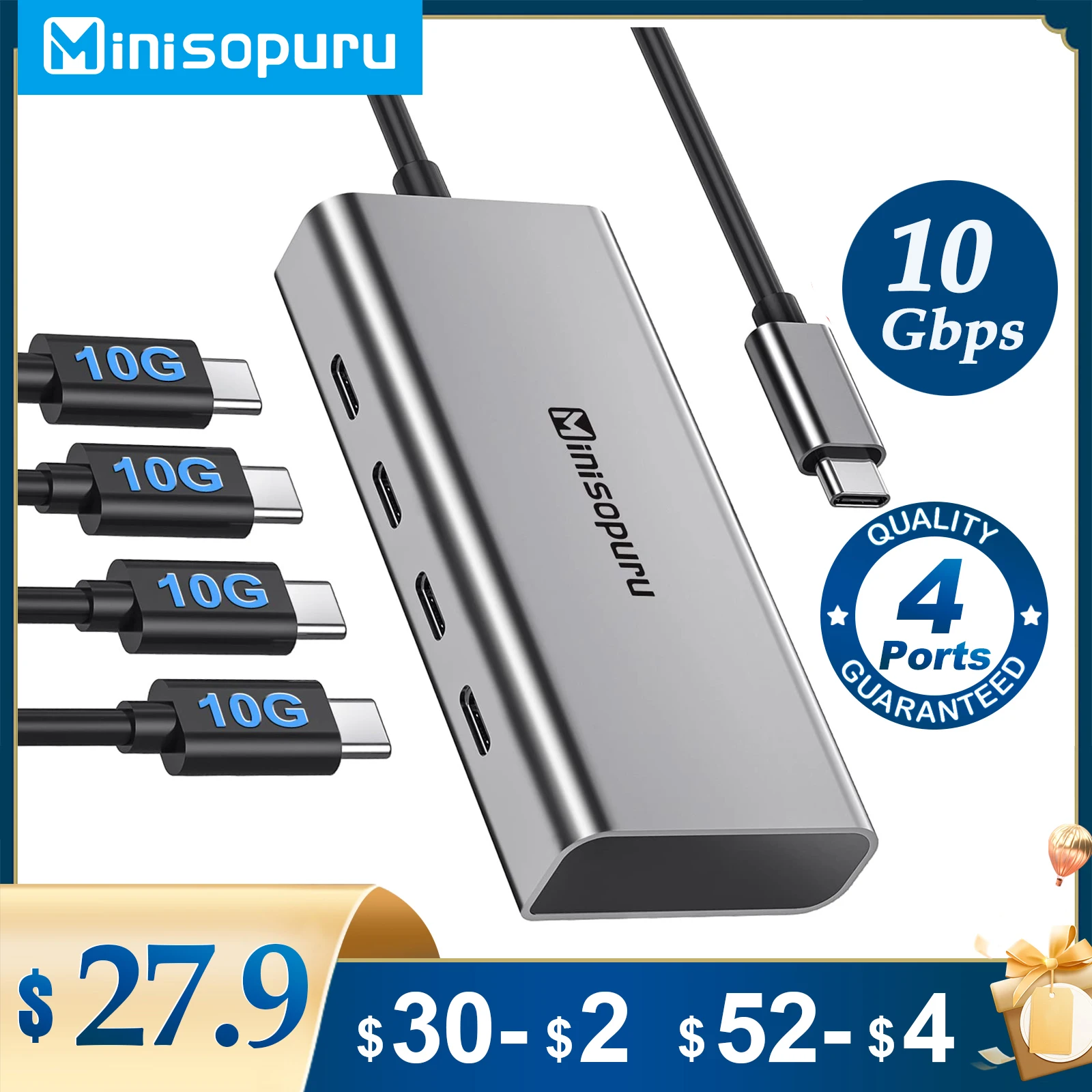 Minisopuru USB C Hub 4 Ports 10Gbps USB C 3.2 Gen1 Hub Adapter for Laptops MacBook Pro MacBook Air (No Charging/Video Transfer)