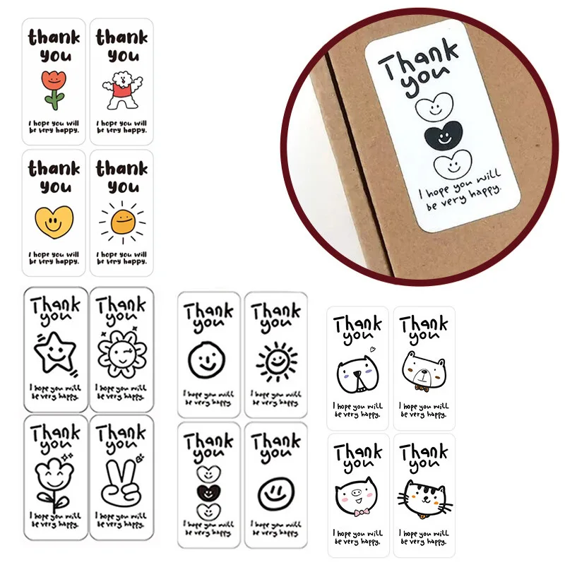 100 Stuks Cartoon Rechthoek Bedankt Voor Stickers Geschenkverpakking Boeketten Food Winkel Afdichting Briefpapier Stickers Zelfklevende Etiket