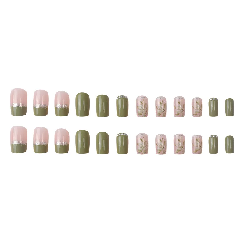 24Pcs/Set Press On Fake Nails Green Wearing Reusable False Nails Art Girls Ballerina Coffin Nail With Glue Full Cover Artificial