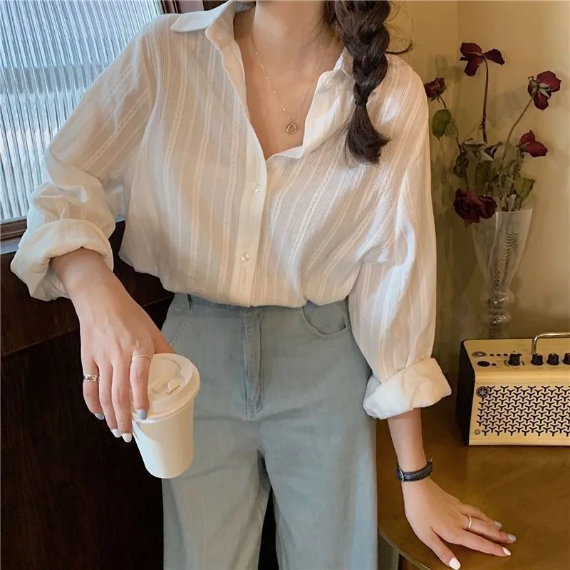 New Autumn Women's Clothing Turn Down Collar Long-sleeved Shirt Solid Color New Cardigan Single-breasted Slim-fitting Blouse Top