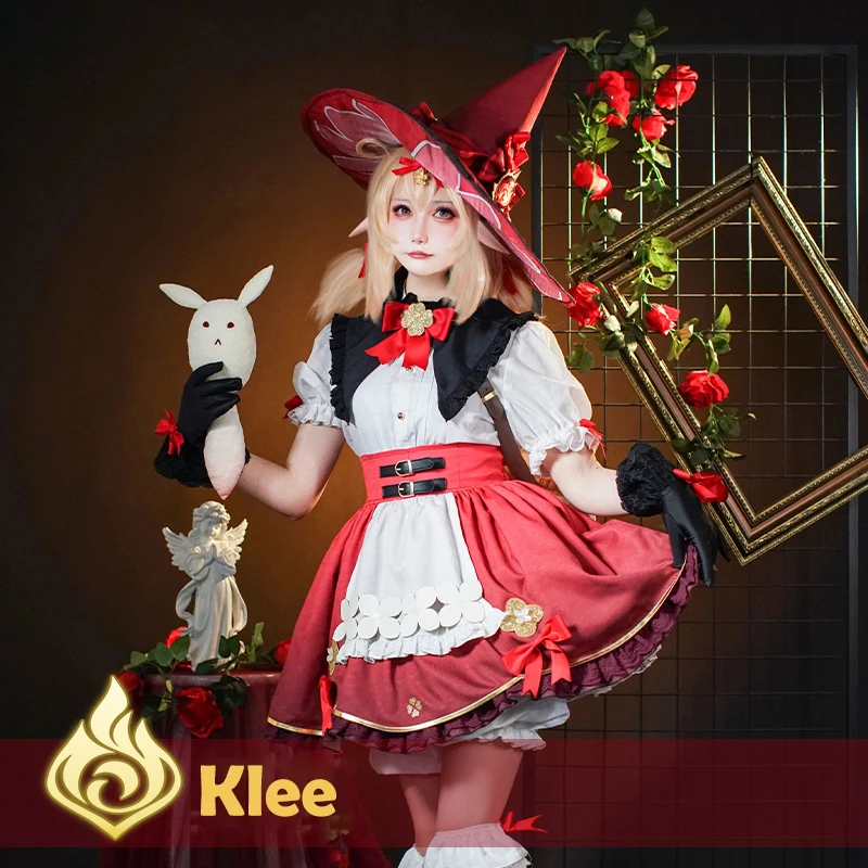 

Game Genshin Impact Klee Cosplay Costume For Adult Kids Fancy Lolita Dress Cute Witch Costume Hat Outfit Halloween Party Unifrom