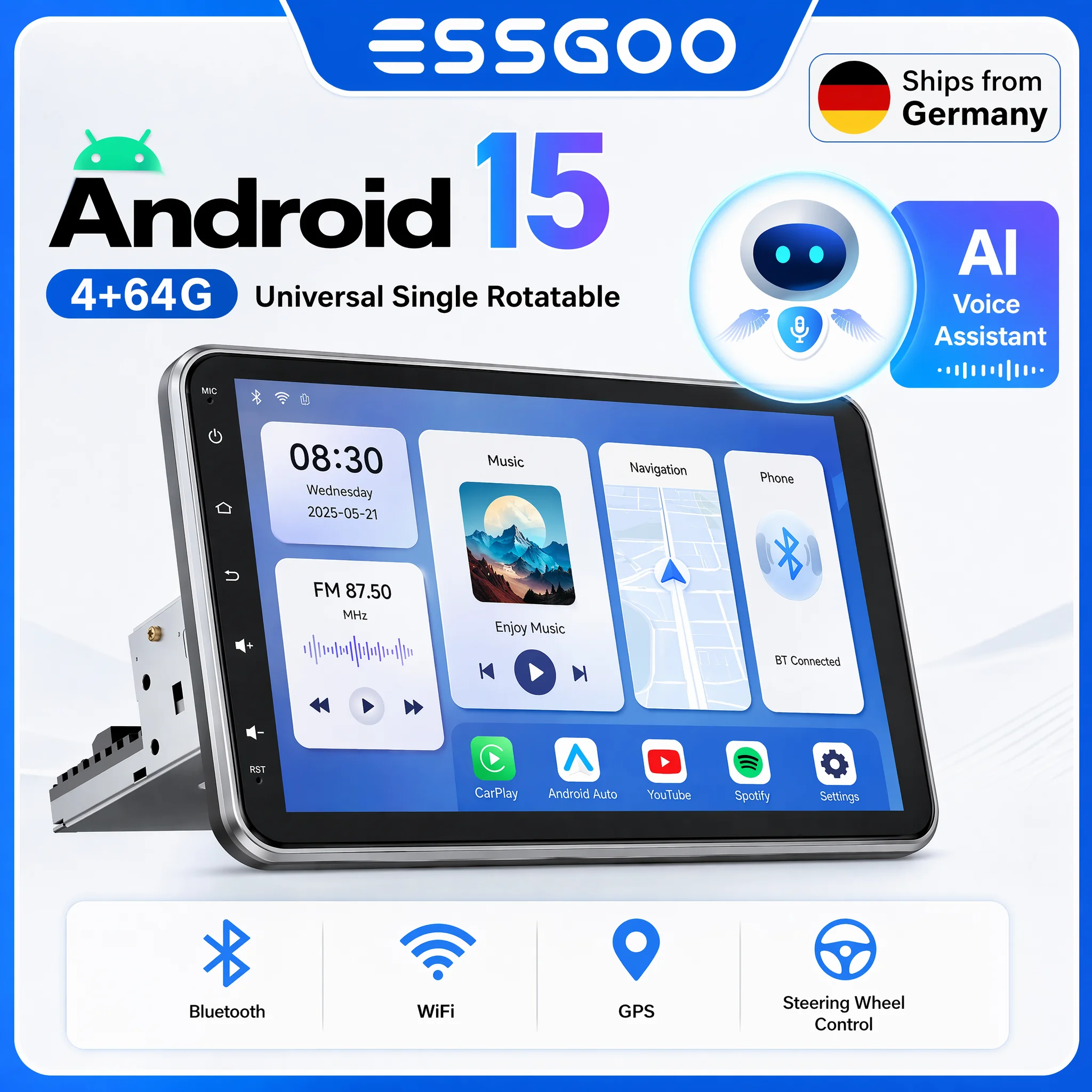 Autoradio universel rotatif 10,1 pouces Android 15 avec Carplay, lecteur multimédia, GPS, navigation automobile, stéréo Bluetooth