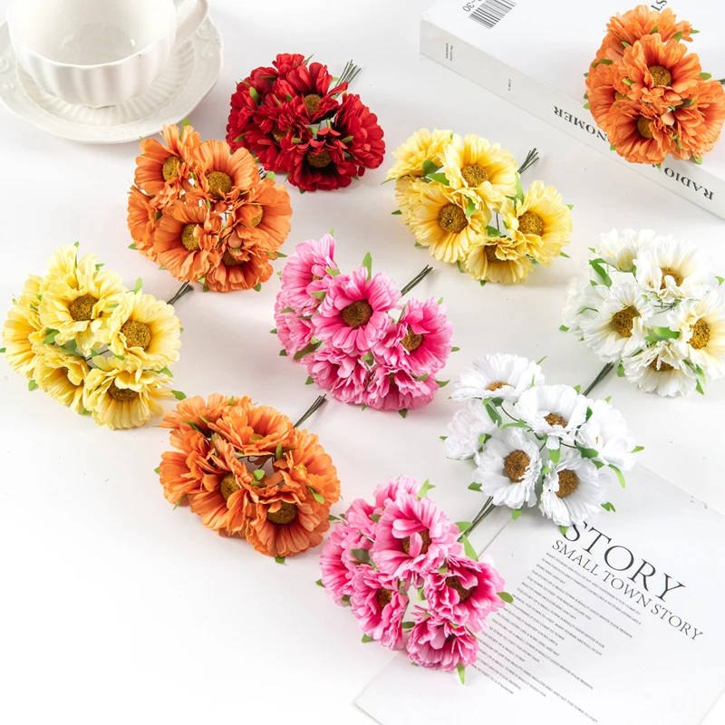 6pcs künstliche Blumen handgemachte Gerbera Mode Hausgarten Braut DIY Geschenk Kranz Material Hochzeit Bankett Dekoration Weihnachten