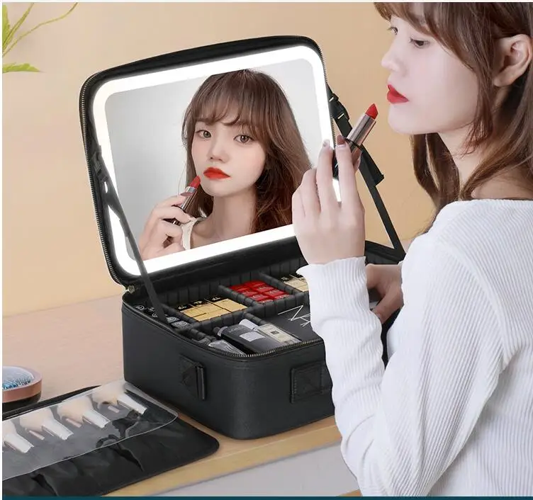 Led Hd Mirror Makeup Storage Box Cosmetic Organize Makeup Bag Women's
