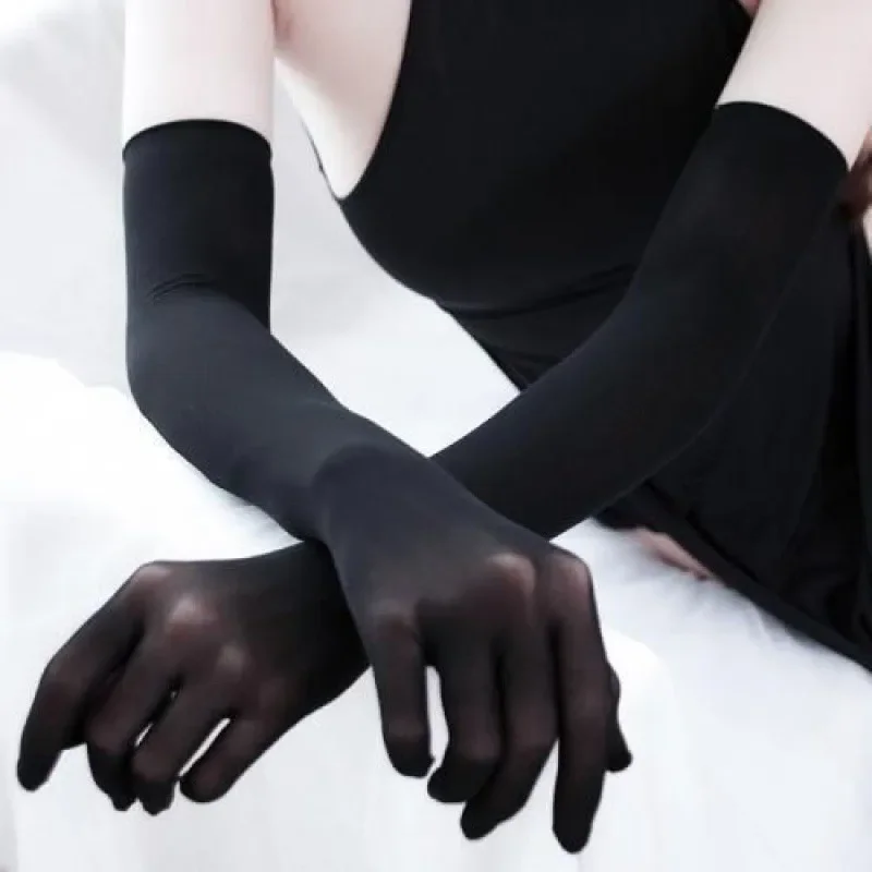 Etiquette Gloves Solid Color Long Tube Stockings Gloves Ultra-thin Five Finger Seamless Anti Hook Silk Long Transparent