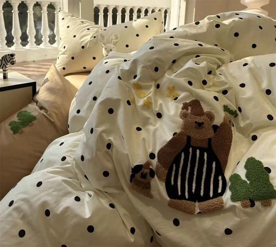 

Fashion cute embroidery bear polka dot bedding set,twin full queen lovely cotton home textile bed sheet pillow case quilt cover