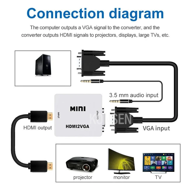 Mini adaptador HDMI a VGA, convertidor de salida de Audio, VGA 2, 1080P, AV  a HD