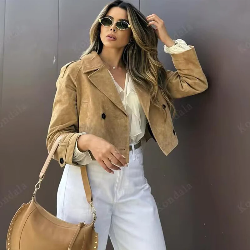 Chic Double Breasted Lapel Short Jacket Women Pockets Long Sleeve Buttons Coat 2025 Autumn Lady Street Casual Outwear New