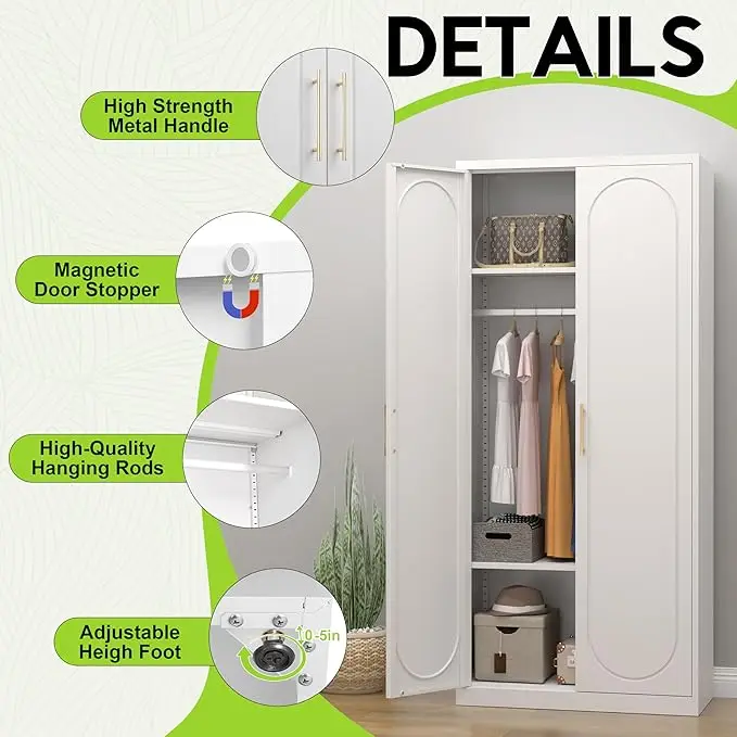 Armoire Wardrobe Closet with Doors 71'' Wardrobe Cabinet with Hanging Rod Metal Closet with 2 Adjustable Shelves for Bedroom