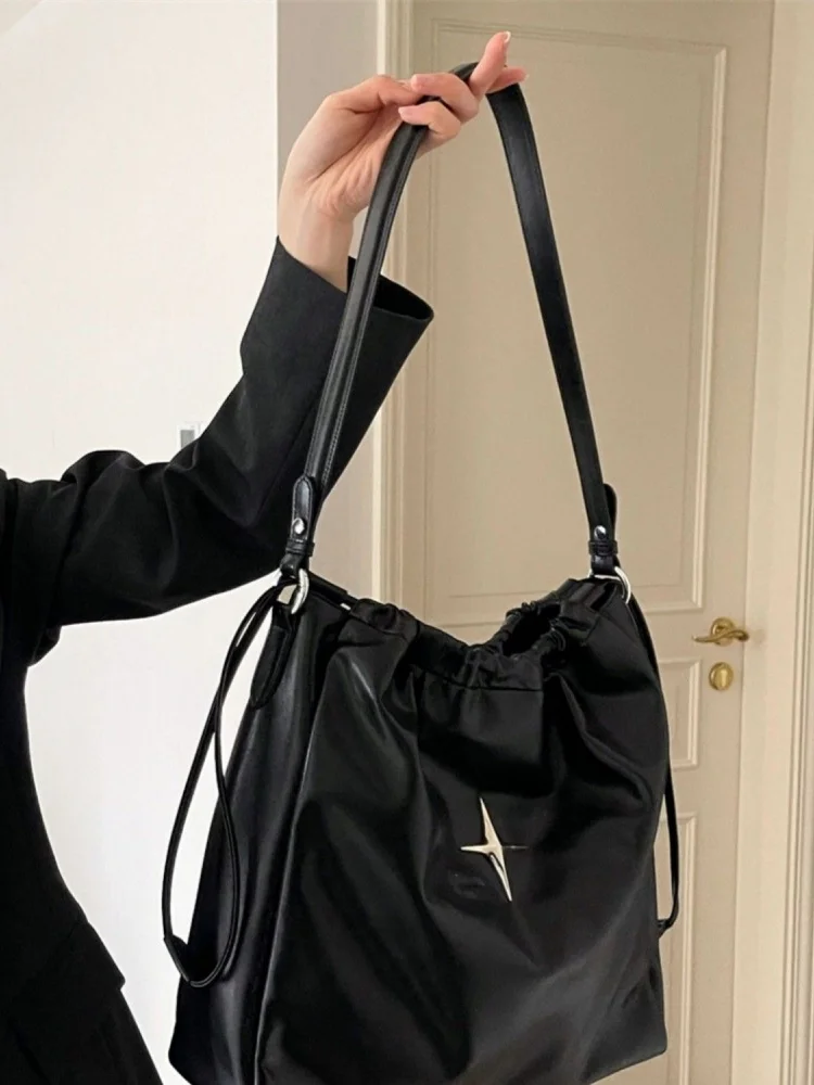 Korean Brief Trendy Casual Tote Bags Crossbody Drawstring Shoulder Bags Bucket Simple Women Handbags