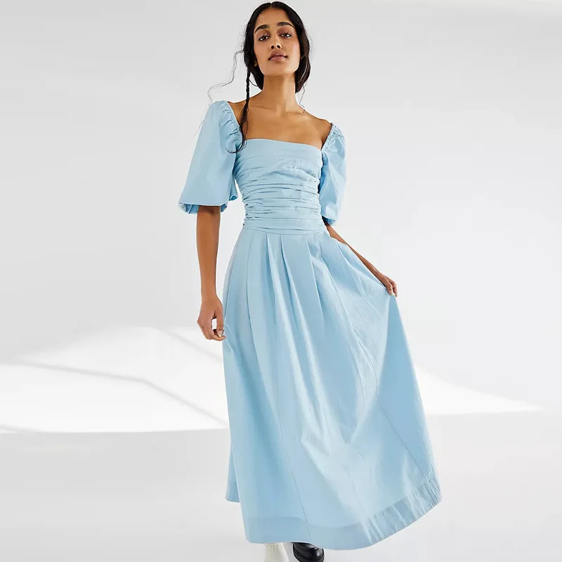 

2022 Spring And Summer Women Solid Color Sexy Square Neck Bubble Short Sleeve Chest Wrapped Dress