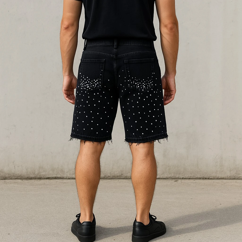Men Black Distressed Denim Short Rhinestone Detailing Frayed Hem Casual Streetwear Summer Fashion Comfortable Stylish Daily Wear