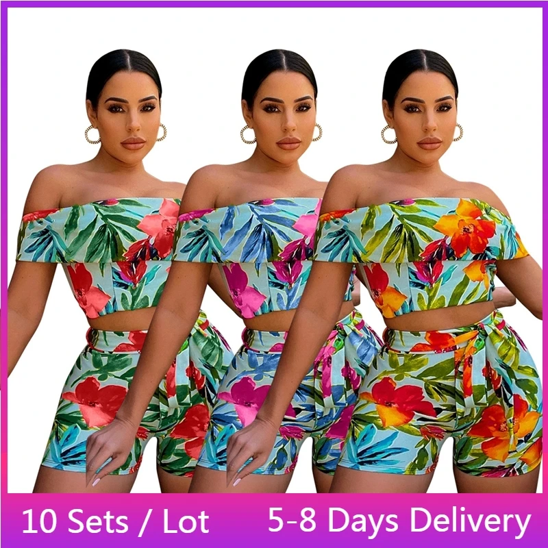 

Wholesale Items Floral Print Summer Outfits for Women 2022 Sexy Two Piec Set Fashion Off Shoulder Crop Top Bandage Shorts Set