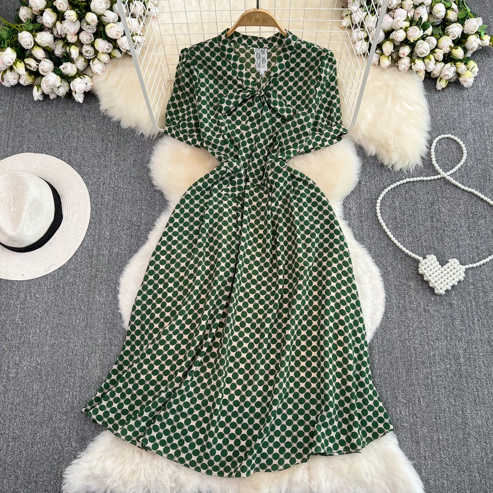 

Vintage Style Short Sleeve Bow Tie Up Waist A Wave Dot Dress Elegant Long Skirt