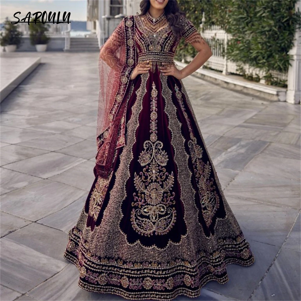 

A-line Caftan Women Evening Dress Velvet Prom Dresses Arabic Luxury Lace Appliques High Neck فساتين السهرة Vestidos De Gala