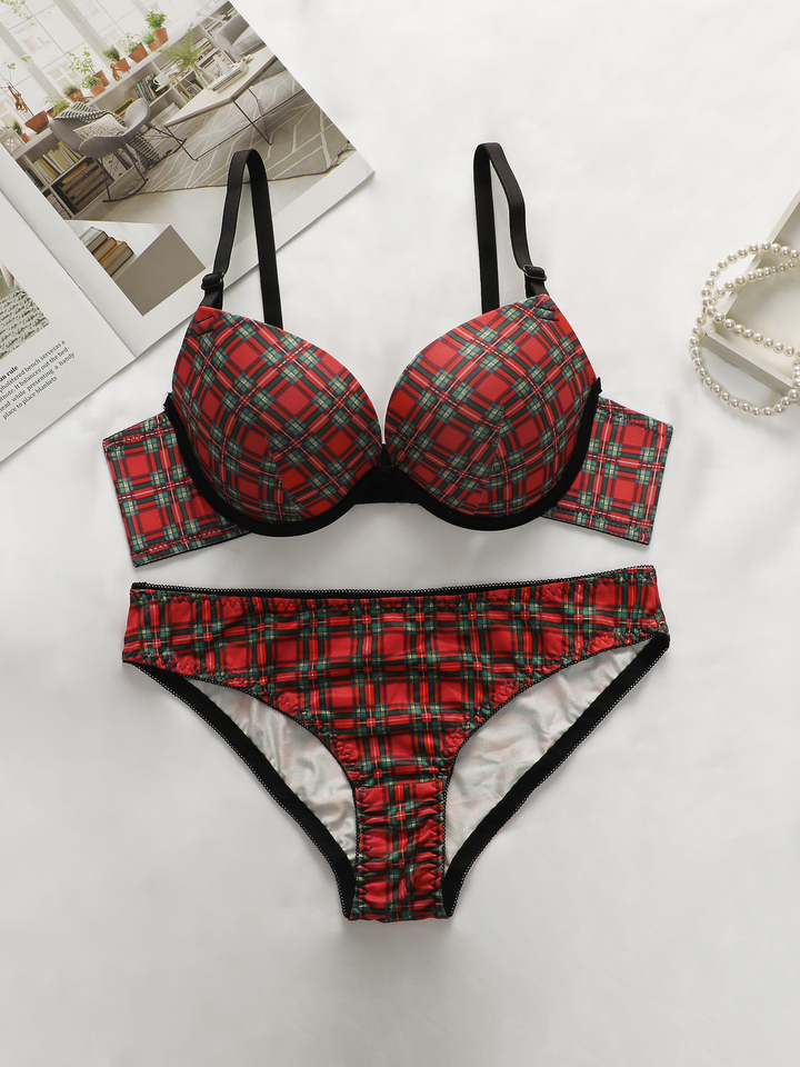 red Plaid 2-piece sexy Lingerie push up bra women's underwear set with adjustable shoulder straps fashion braissere J0122