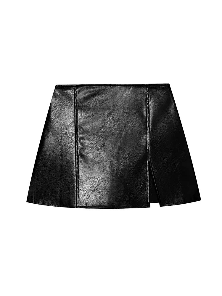 Elegant Women Faux Leather Mini Shorts Skirts  Fashion Black PU Skirts Woman Chic Side Split Zip Up Skirts Shorts Autumn New