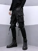 Fashion Darkwear Safari Style Webbing Spliced Boy Cargo Pants Men High Street Streetwear Elastic Waist Slim Tactical Techwear 2