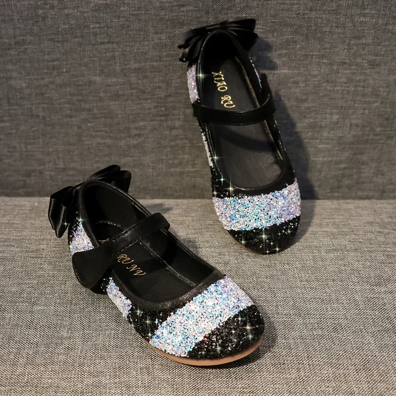 Girls leather shoes mary jane shoes spring soft sole rainbow sequins dress princess kids shoes