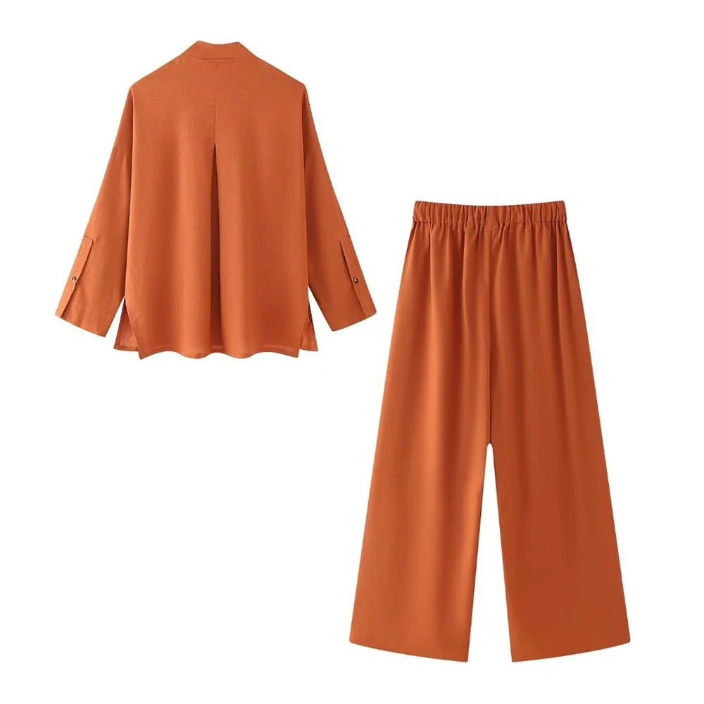 A new women's linen V-neck suit in the summer of 2024 & linen elastic waist wide-leg trousers suit
