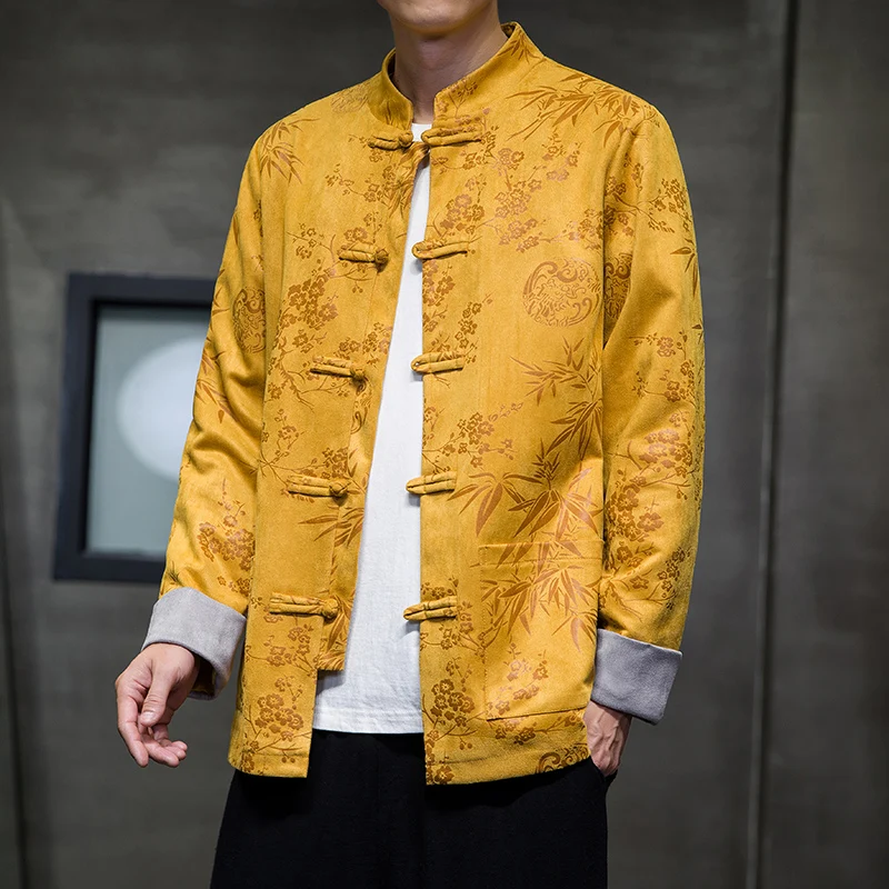 

Sinicism Traditional Tang Suit Men's Dress Jacket Men Deerskin Fleece Printed Jacket Top Men's Casual Social Vintage Hanfu Coat