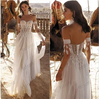 Bohemia Wedding Dresses Vintage Bridal Gowns Tulle Tiered Robes Backless Illusion Off The Shoulder Vestidos De Novia Customized 1