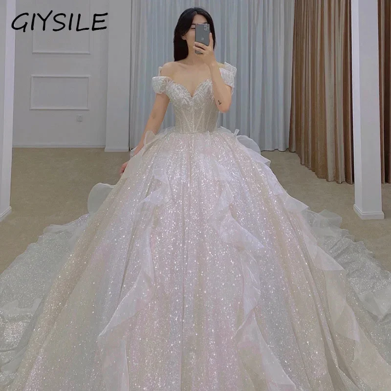 

GIYSILE Vestidos De Novia Starry Sky Master Wedding Dress One Shoulder French Dream Long Tail Luxury Wedding Dress for Women