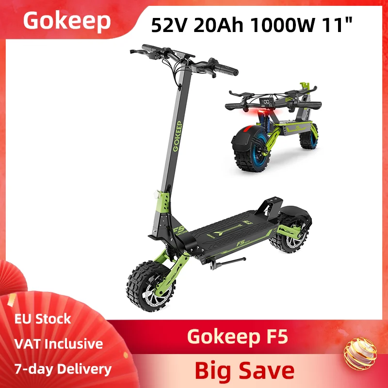 Monopattino Elettrico Gokeep F5 1000W 52V 20Ah 11" Fuoristrada per Pendolarismo Urbano Pieghevole con Doppia Sospensione Idraulica 70-80km 55km/h