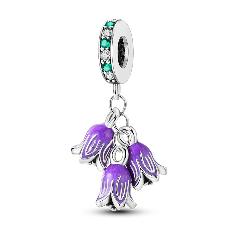 

Elegant 925 Sterling Silver Three Purple Bell Orchids Charm Fit Pandora Bracelet Women's Proposal DIY Jewelry Accessories