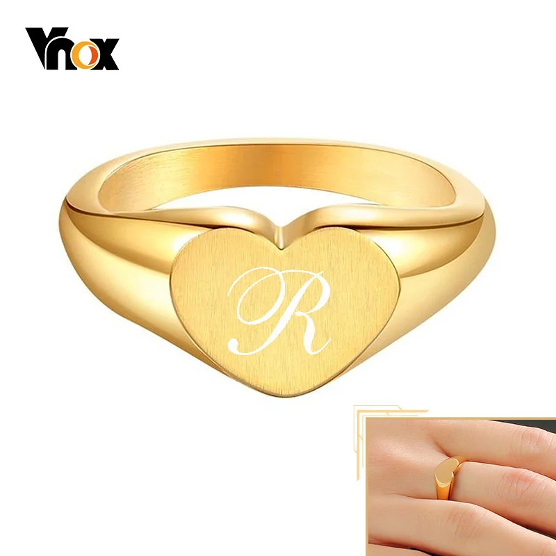 Vnox Women's Chic Heart Love Signet Rings, Gold Tone Stainless Steel Personalized Engrave Finger Jewelry, Custom Gifts for Her chic customized personalized name anklets for women name chains charm anklet gift to her stainless steel nameplate jewelry