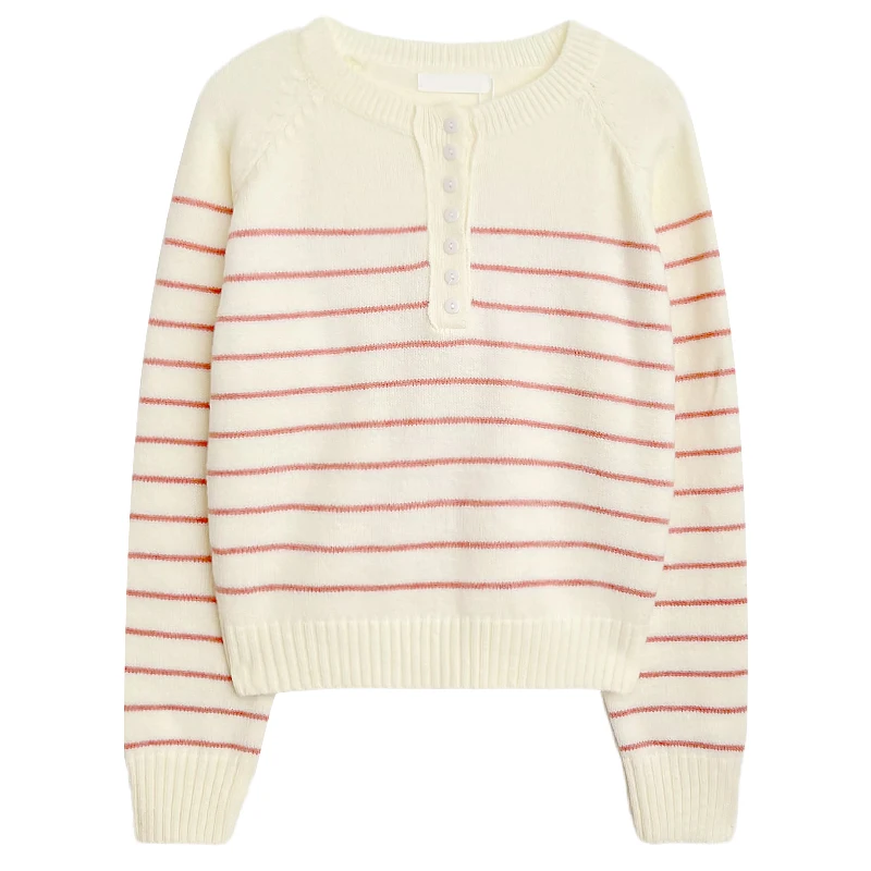 

Simple Striped Comfortable Soft Half Open Neck Pullover Knit Sweater