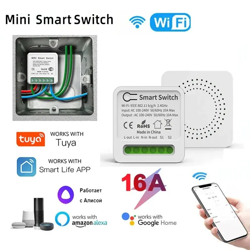 Tuya 16A Wifi Mini Smart Switch Smart Home DIY Light Switches 2-Way Control Works With Life Alexa Alice Google Homekit