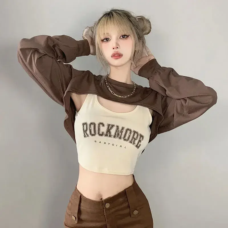 

Весенне-осенний Повседневный пикантный комплект из двух предметов с длинным рукавом, женская футболка большого размера с буквенным принтом, жилет и Однотонная футболка, короткие комплекты, топы