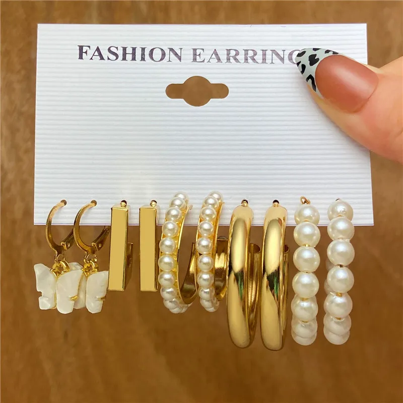 thumbnail image 1 of YOBEST Gold Color Simulated Pearl Earrings Set Butterfly Lock Heart Flower Shell Drop Earrings for Women Wedding Jewelry Gifts, 1 of 4