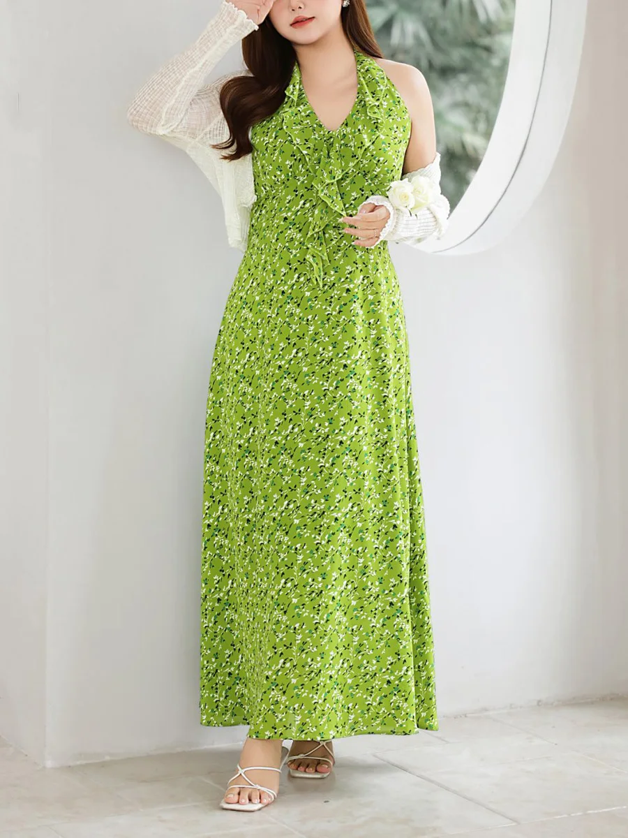 Plus Size Women's French Provence Floral Print V-Neck Halter A-Line Dress Premium Soft Elegant Chic Romantic Summer Maxi Dress