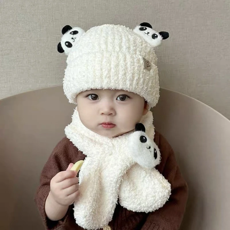 

Children's Hat Scarf Winter Knitted Boys Girls' Warm Beanie Cap Cartoon Panda Printed Bonnet Windproof Neckerchief