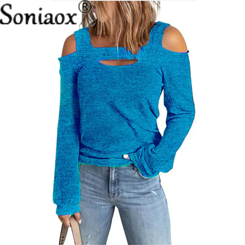 2022 Summer Fashion Top Women Casual Solid Color Off Shoulder Loose Long-Sleeve T-Shirt Cross Square Neck Hollow Out T Shirt