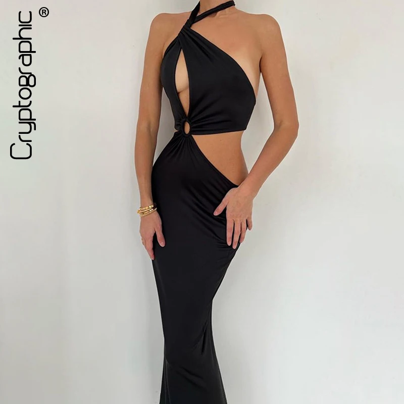 

Cryptographic Elegant Bandage Backless Maxi Dress Summer Outfits for Women Cut Out Halter Sexy Backless Gown Dress Vestido Solid