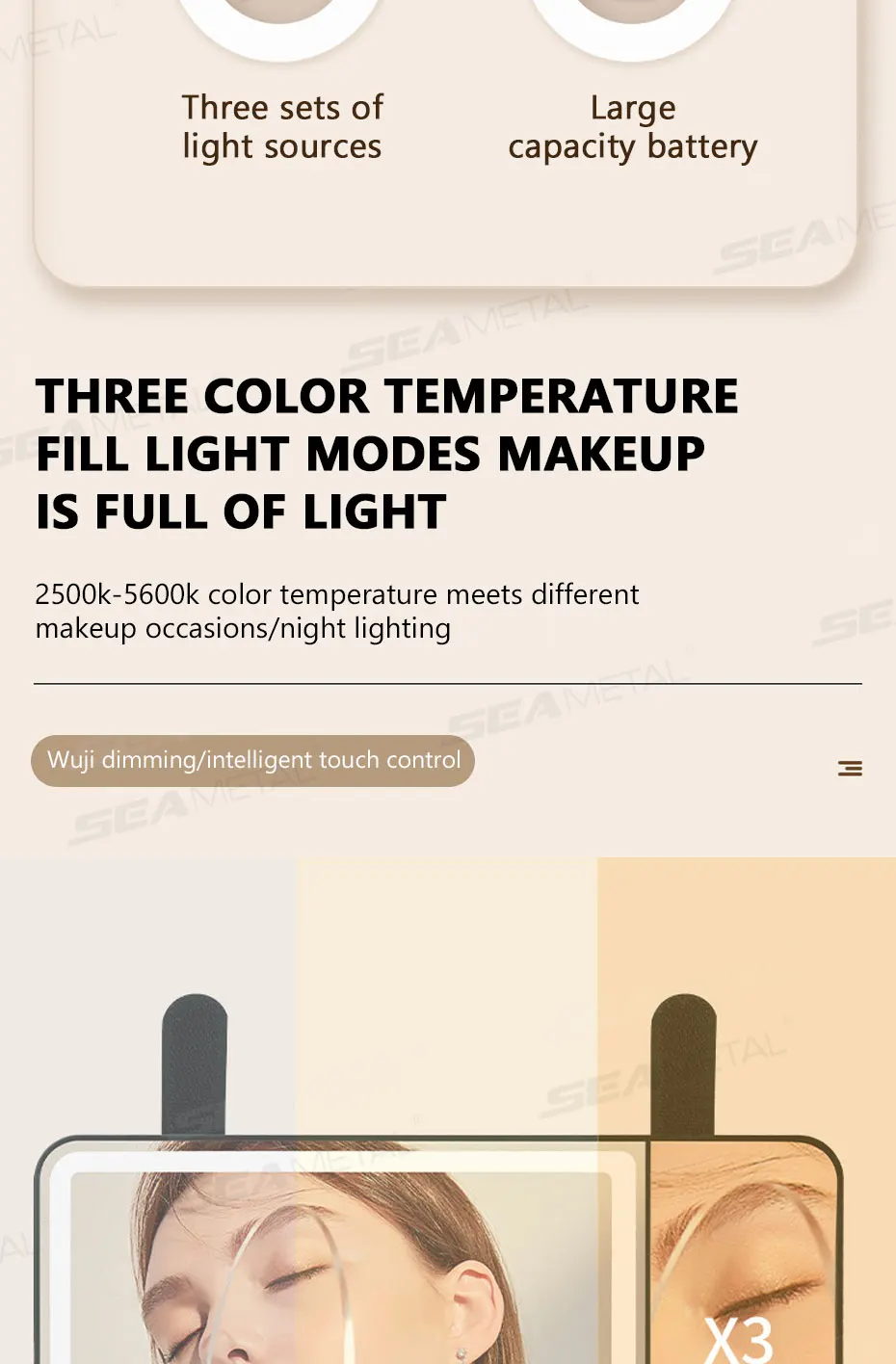 Espejo de maquillaje para automóvil con aumento 3x Espejo de tocador con visera táctil, espejo de maquillaje con carga de luz de relleno conmutable de 3 colores » Espejo de maquillaje para automóvil con aumento