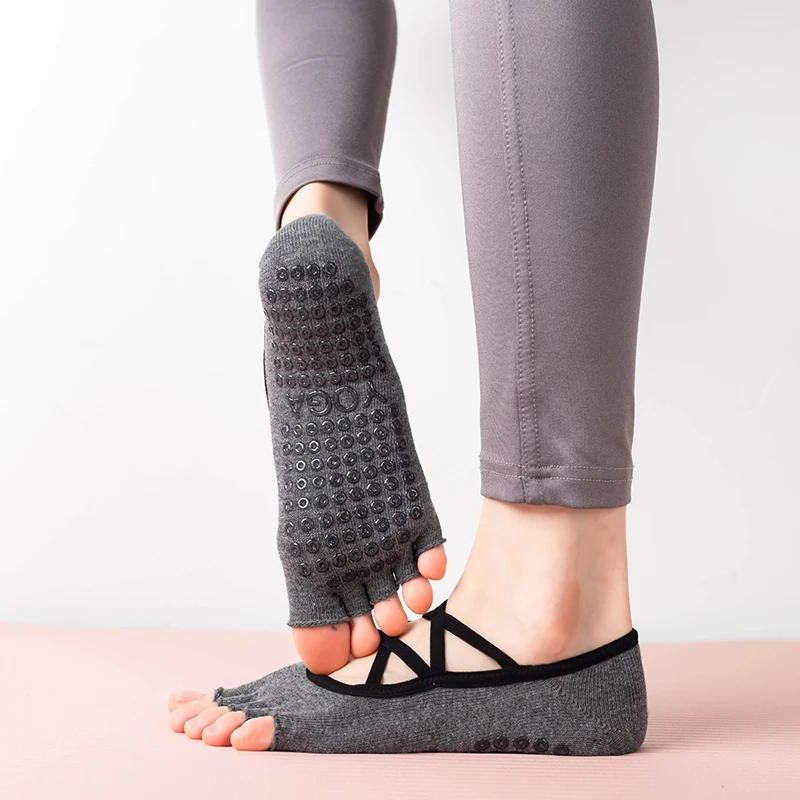 New Cross Bandage Yoga Socks Backless Women Five Toes Pilates Sock Non-Slip Grips Cotton Ballet Dance Fitness Sport Sock Slipper
