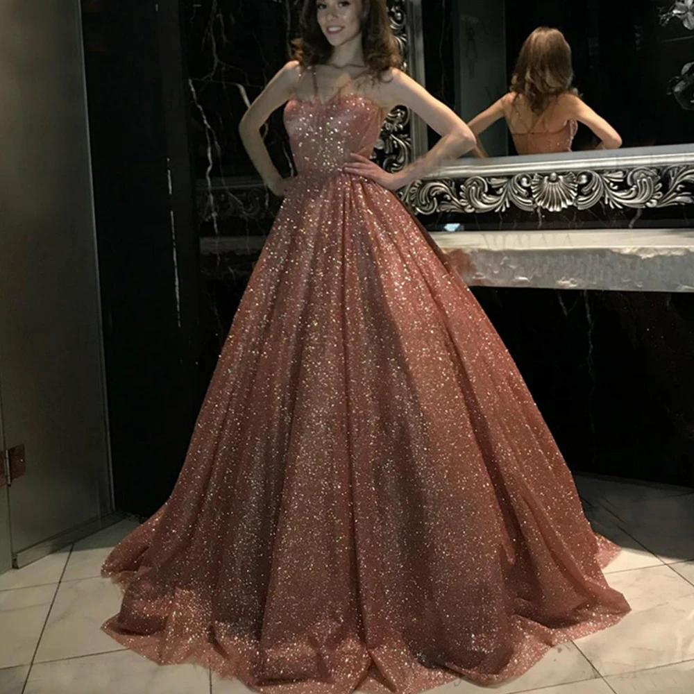 Charming Rose Gold  Squins Sweetheart Wedding Evening Dresses Spaghetti Straps Formal Party Dresses  فساتين السهرة  abendkleider prom & dance dresses