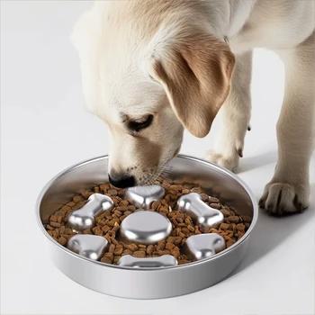 304 Stainless Steel Slow Feeder Bowl - Anti-Slip Silicone & Bone/Heart Design, 8.4-9.8in for Cats/Dogs 1