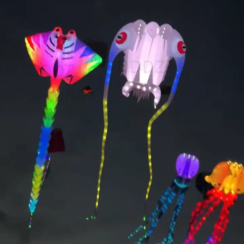 Round Corner LED Lights Delta Soft Inflatable Kite Night Flying Octopus Trilobites Ray String Lines