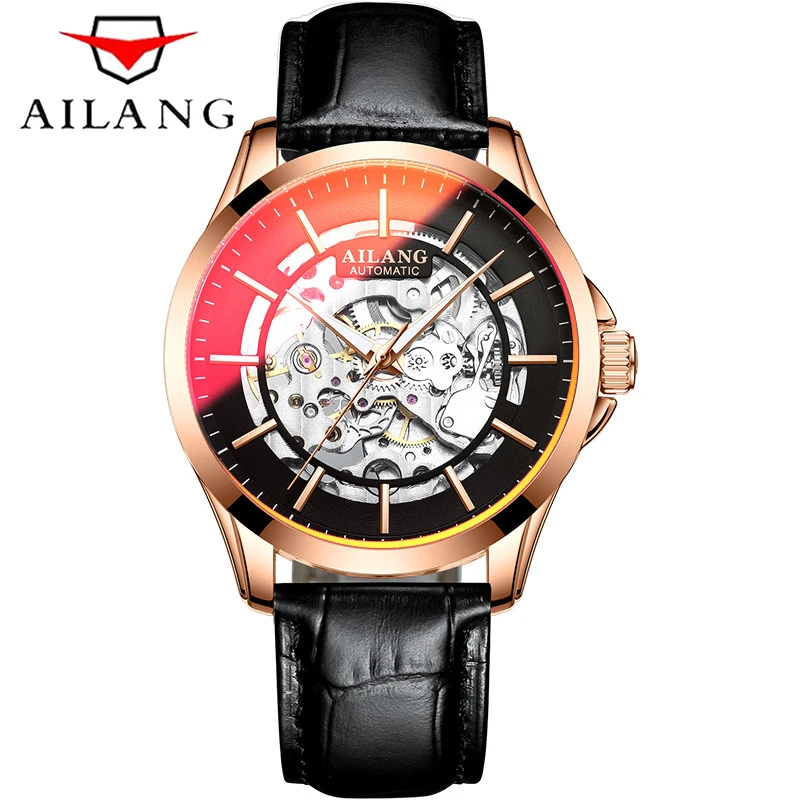 

AILANG Casual Fashion Men Clock Genuine Leather Strap Hollow Mechanical Watch For Men 30M Waterproof Luminous Hands Reloj Hombre