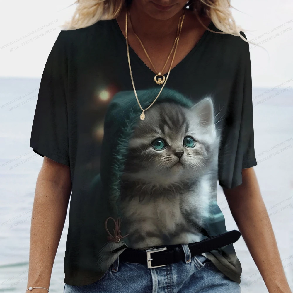 Summer Women's T-shirts Animal Cat Dog 3d Print Tshirt Women Fashion T-shirt V-Neck Oversized T Shirt Women's Clothing Anime Y2K